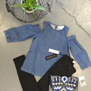 Denim chambray cold shoulder top BNWT